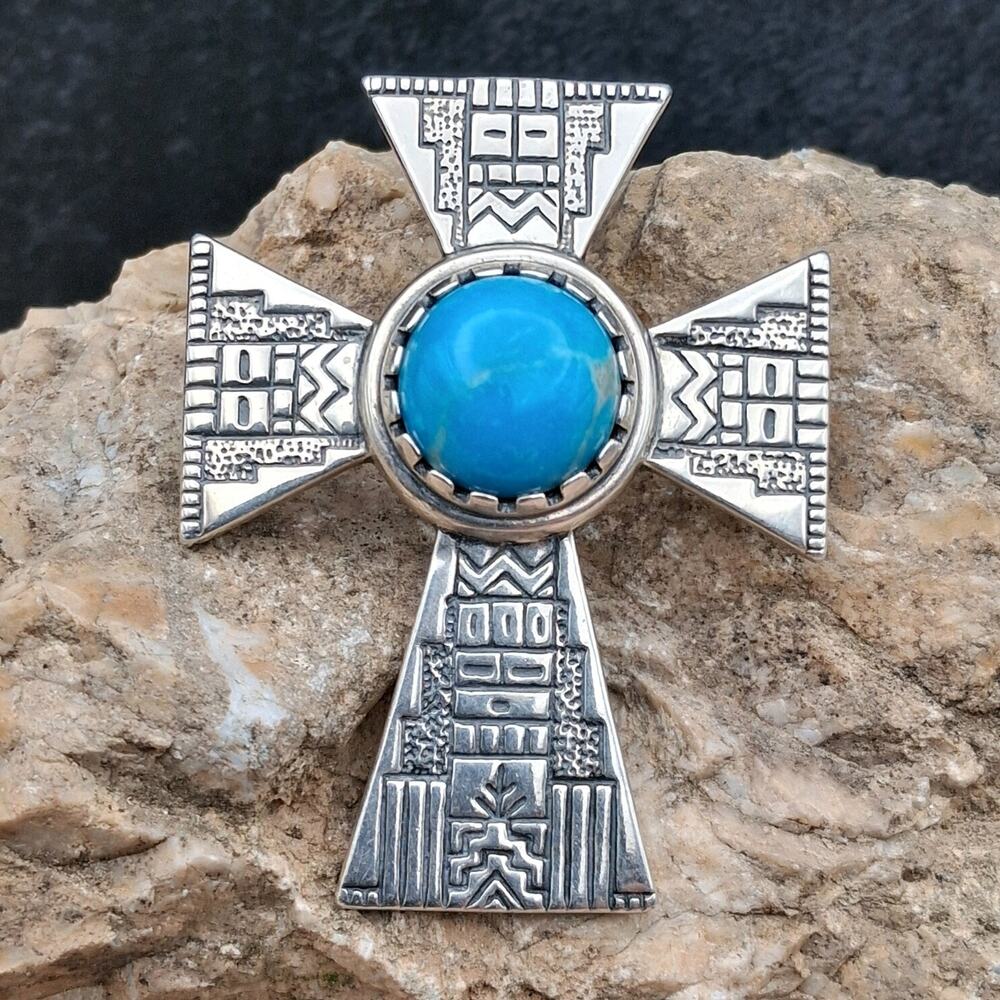 Vintage RMT Roderick Tenorio Relios Sterling Silver Turquoise Cross Pendant Sign